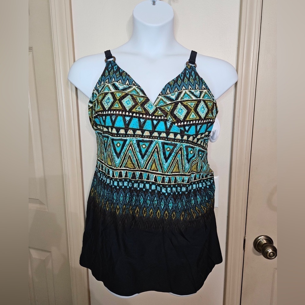 #428 Christina- Black Faux Wrap Front Multicolored Swim Dress-Sz.1X (18W-20W)